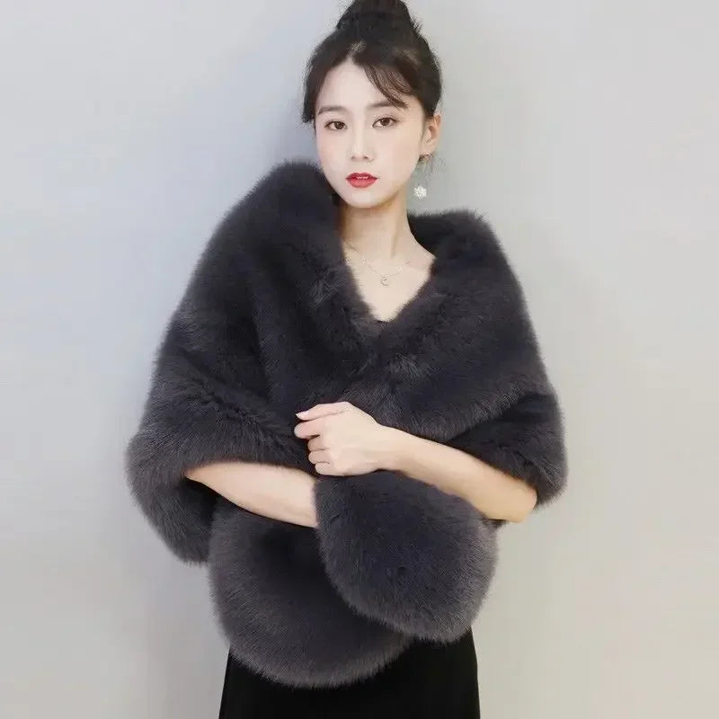 Women Open Stitch Solid Color Shawls with Faux Fur Flocking