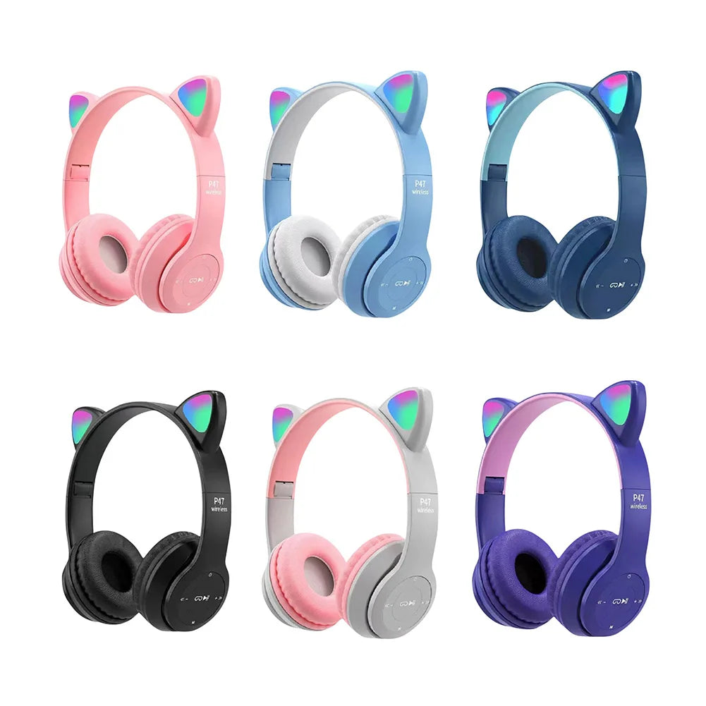 Cute Cat Ear Headphones with RGB LED Light Wireless Headset