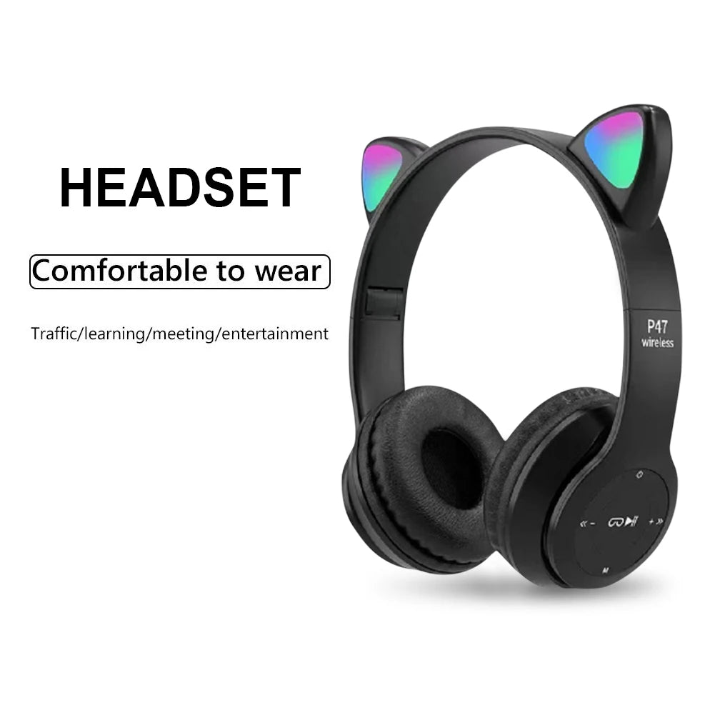 Cute Cat Ear Headphones with RGB LED Light Wireless Headset