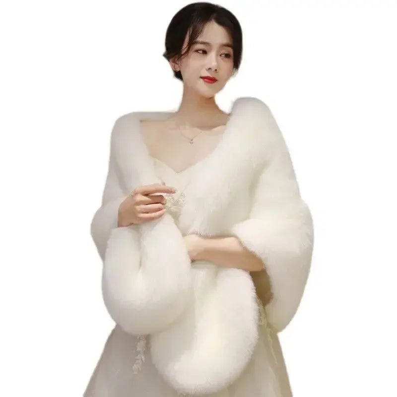 Women Open Stitch Solid Color Shawls with Faux Fur Flocking